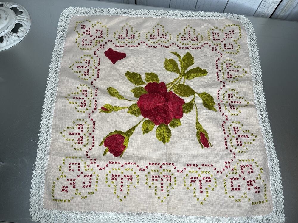 VTG Embroidered Doily Dresser Top Square Cut Roses Red Pink Cross Stitch 18in